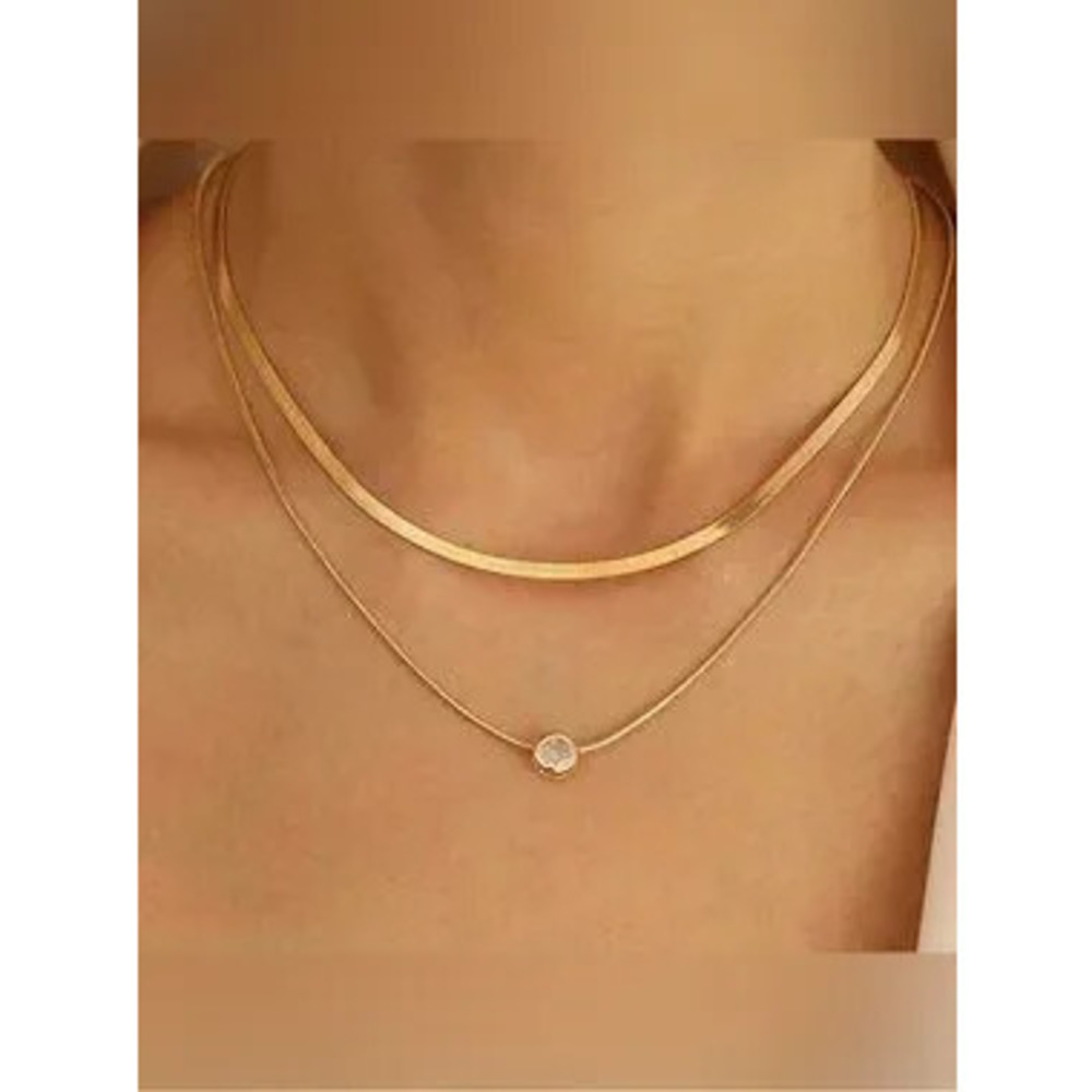 14k Gold Plated 2pc Herringbone CZ Necklace Set